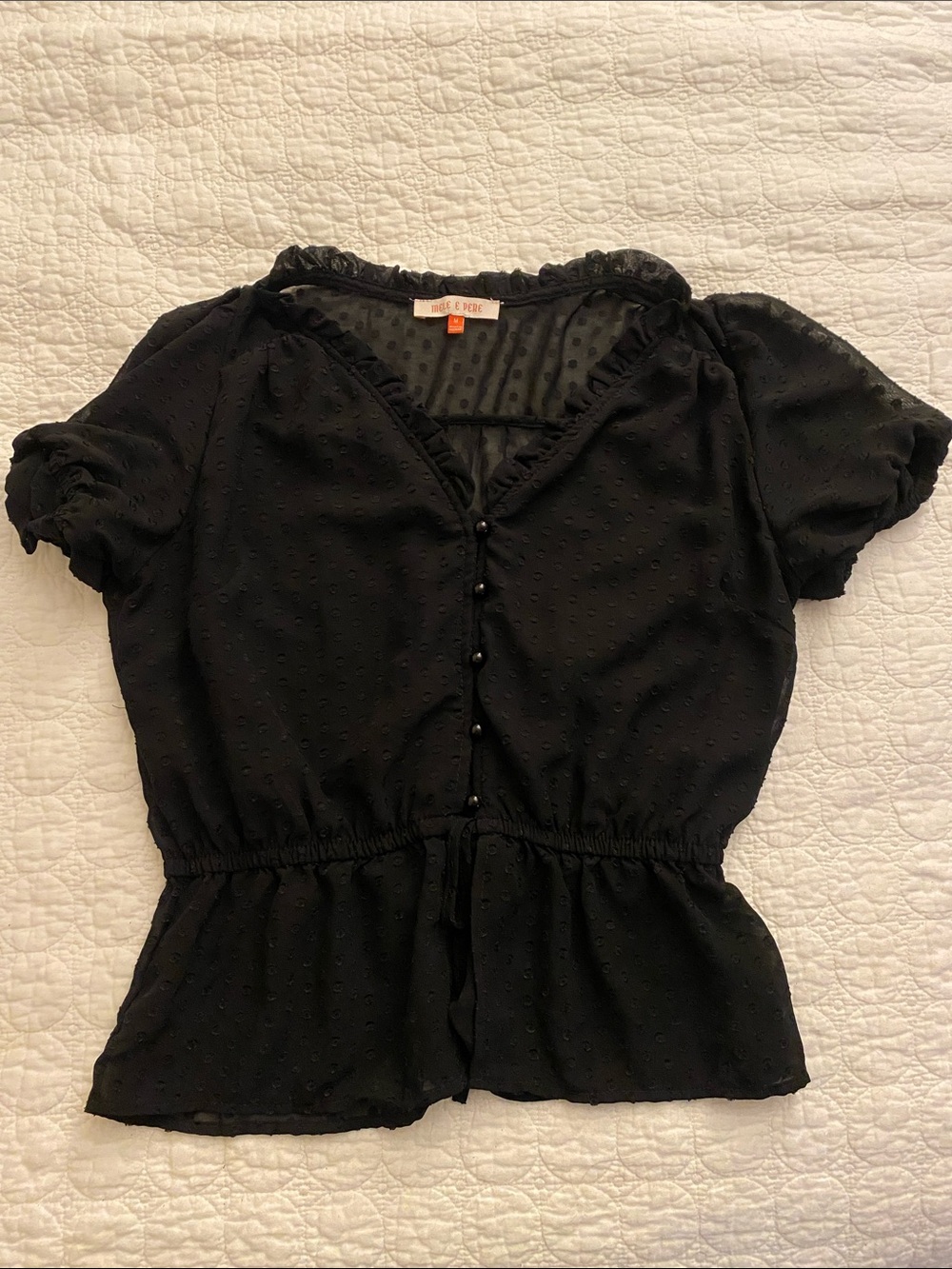 Mele E Pere Black Swiss Dot Button-Front Peplum Blouse